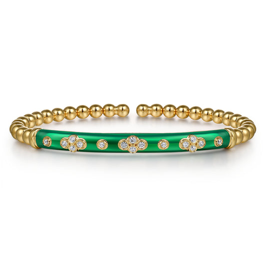 14K Yellow Gold Bujukan Beads and Diamond Split Bangle Bracelet with Chrome Green Enamel
