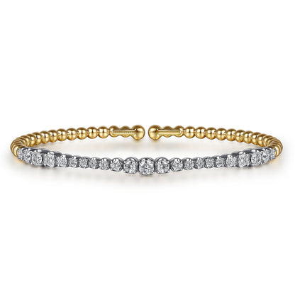 14K White & Yellow Gold Bujukan Beads and Graduating Diamond Split Bangle Bracelet