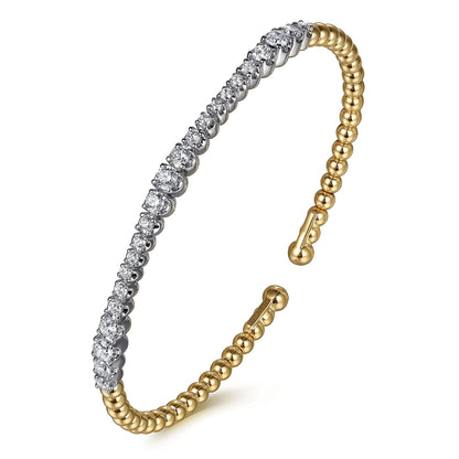 14K White & Yellow Gold Bujukan Beads and Graduating Diamond Split Bangle Bracelet