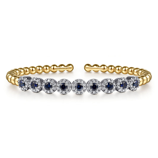 14K White & Yellow Gold Bujukan Diamond and Sapphire Split Bangle Bracelet