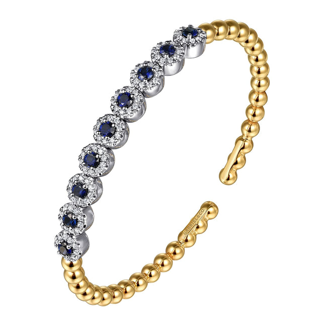 14K White & Yellow Gold Bujukan Diamond and Sapphire Split Bangle Bracelet