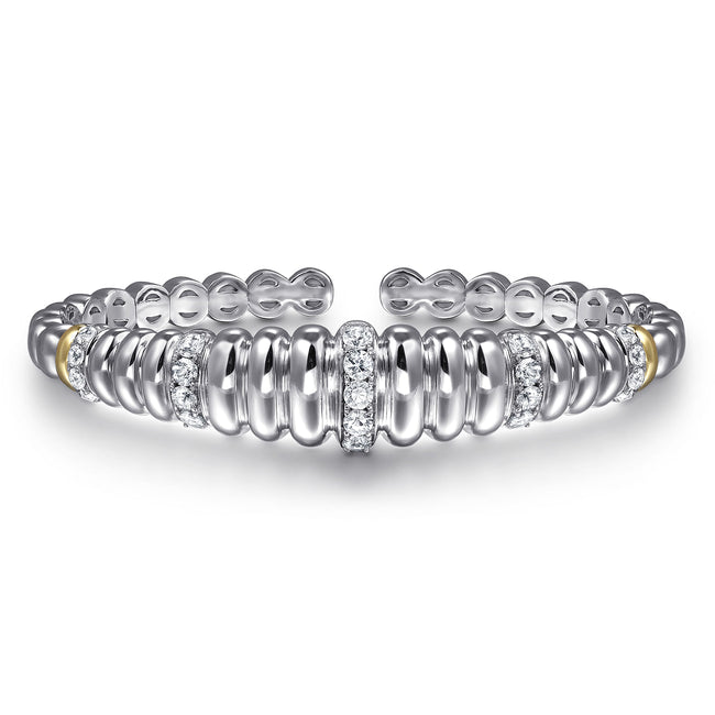 14K Yellow Gold and 925 Sterling Silver Bujukan White Sapphire Scallop Open Bangle Bracelet