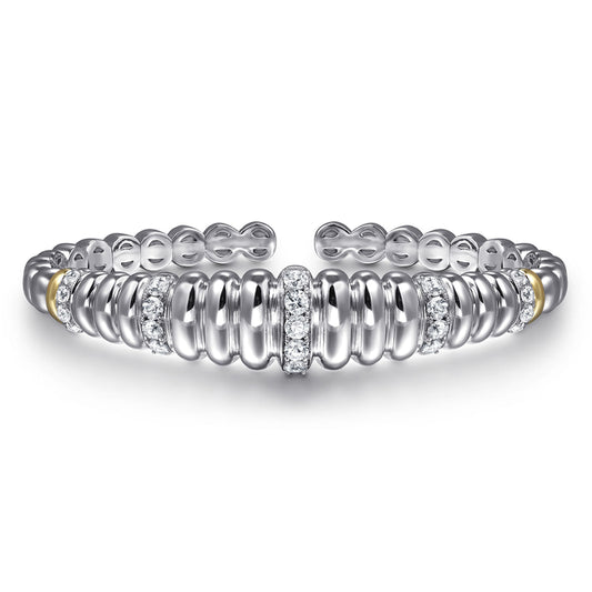 14K Yellow Gold and 925 Sterling Silver Bujukan White Sapphire Scallop Open Bangle Bracelet