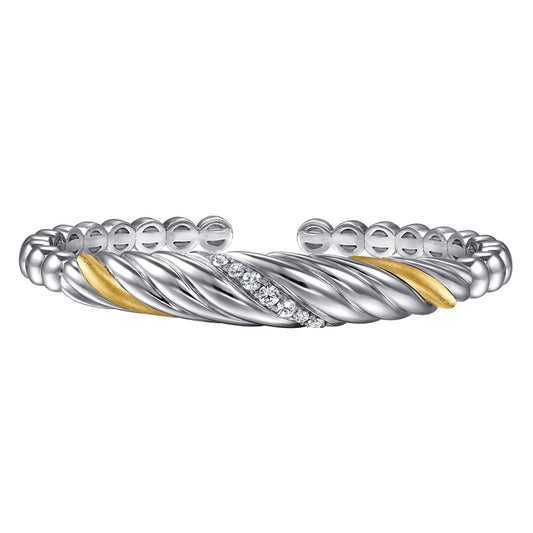 14K Yellow Gold and 925 Sterling Silver Bujukan White Sapphire Scallop Open Bangle