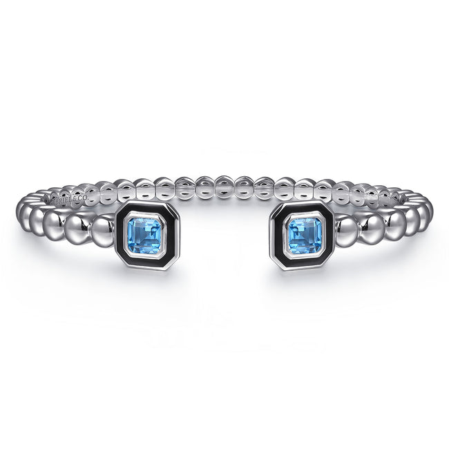 925 Sterling Silver Bujukan Blue Topaz Open Bangle with Black Enamel