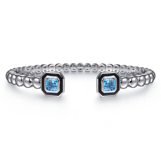 925 Sterling Silver Bujukan Blue Topaz Open Bangle with Black Enamel