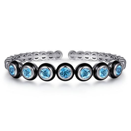925 Sterling Silver Bujukan and Blue Topaz Open Bangle Bracelet with Black Enamel