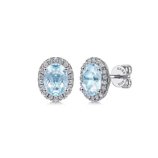 14K White Gold Oval Halo Aquamarine and Diamond Stud Earrings