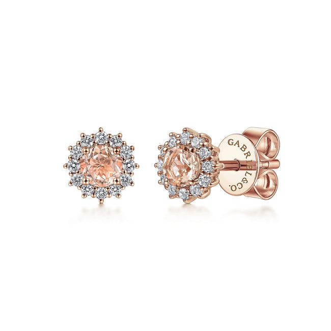 14K Rose Gold Round Morganite and Diamond Stud Earrings