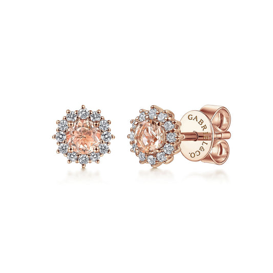 14K Rose Gold Round Morganite and Diamond Stud Earrings