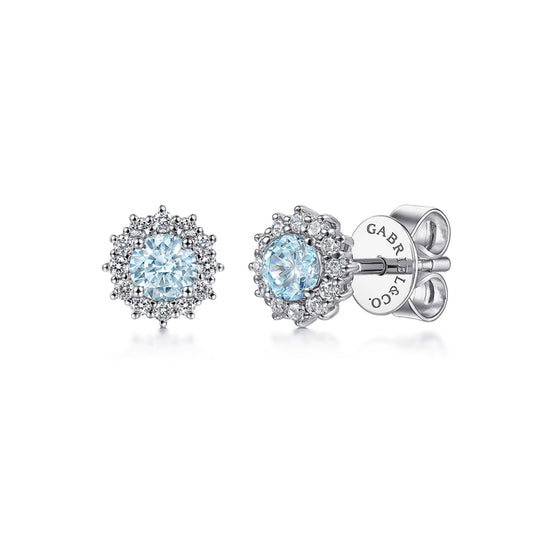 14K White Gold Round Halo Aquamarine and Diamond Stud Earrings