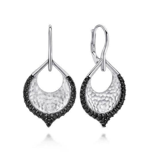 Sterling Silver Hammered Teardrop Leverback Earrings with Black Spinel
