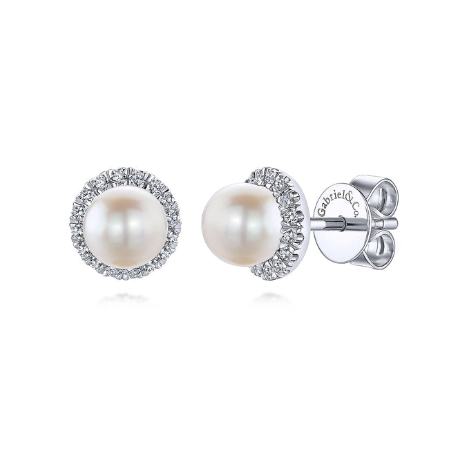 14K White Gold Round Diamond Halo Pearl Stud Earrings
