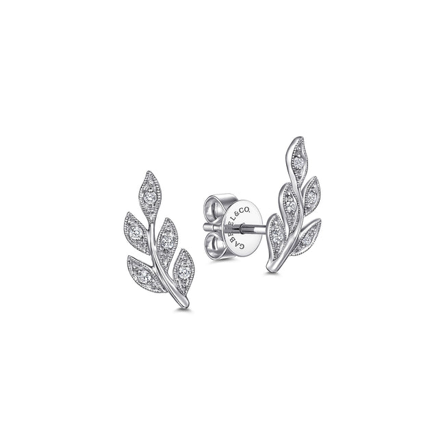 14K White Gold Diamond Leaf Stud Earrings
