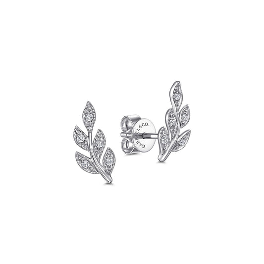 14K White Gold Diamond Leaf Stud Earrings