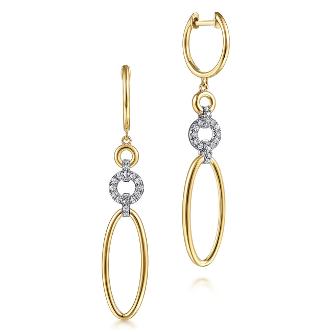 14K Yellow-White Gold Long Multi Link Diamond Huggie Drop Earrings