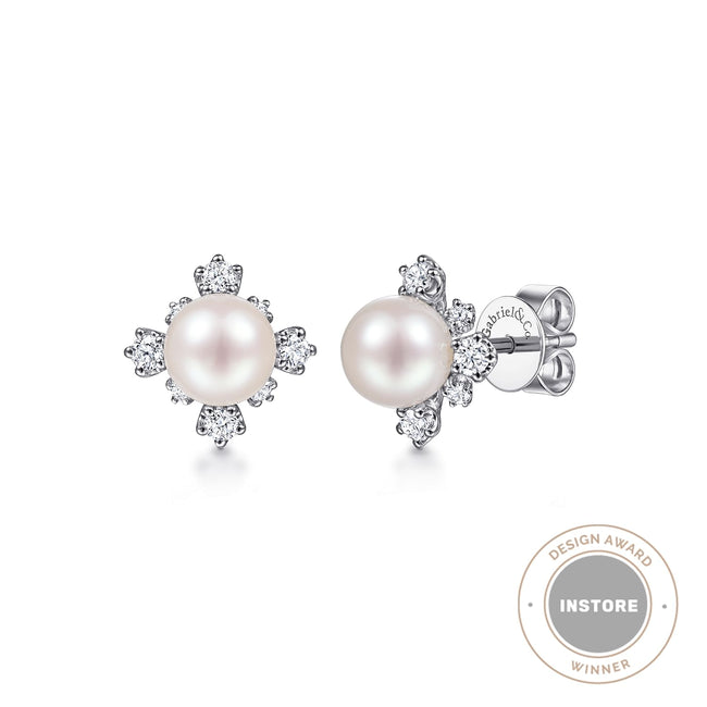 14K White Gold Pearl and Diamond Stud Earrings