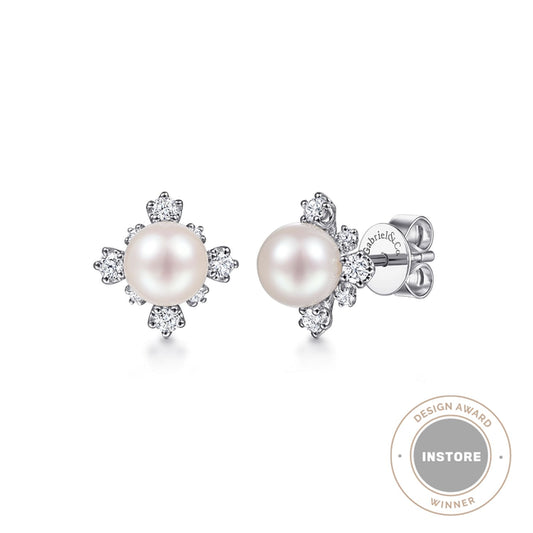 14K White Gold Pearl and Diamond Stud Earrings