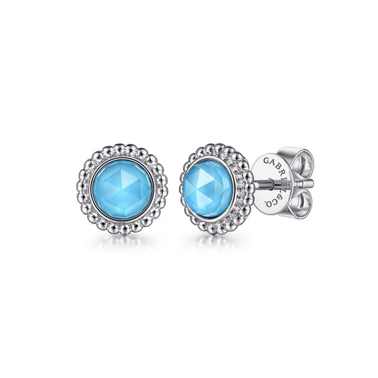 925 Sterling Silver Round Rock Crystal/Turquoise Stud Earrings