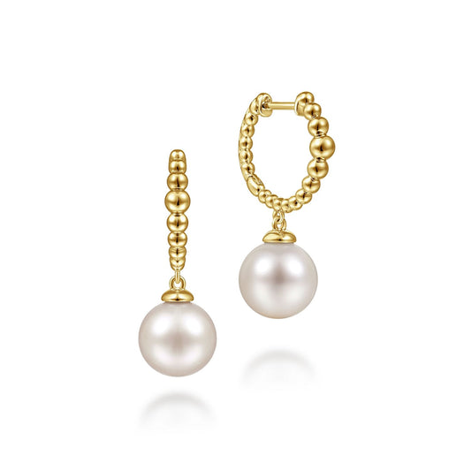 14K Yellow Gold Bujukan Pearls Drop Huggie Earrings