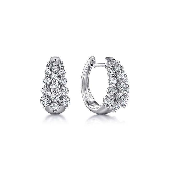 14K White Gold 15mm 3 Row Single Prong Set Graduating Diamond Huggie Earrings