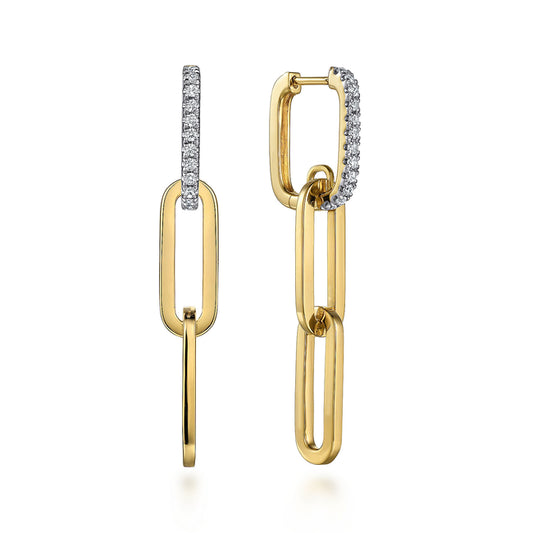 14K Yellow Gold Diamond Link Hollow Chain Drop Earrings