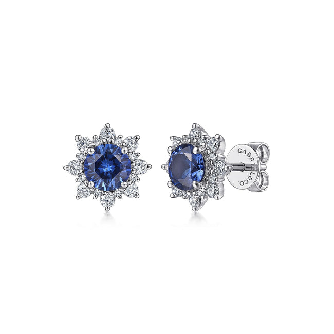 14K White Gold Diamond and Blue Sapphire Starburst Stud Earrings