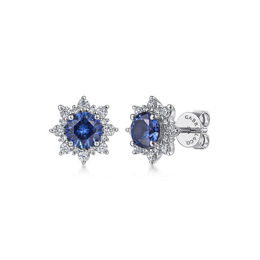 14K White Gold Diamond and Blue Sapphire Starburst Stud Earrings