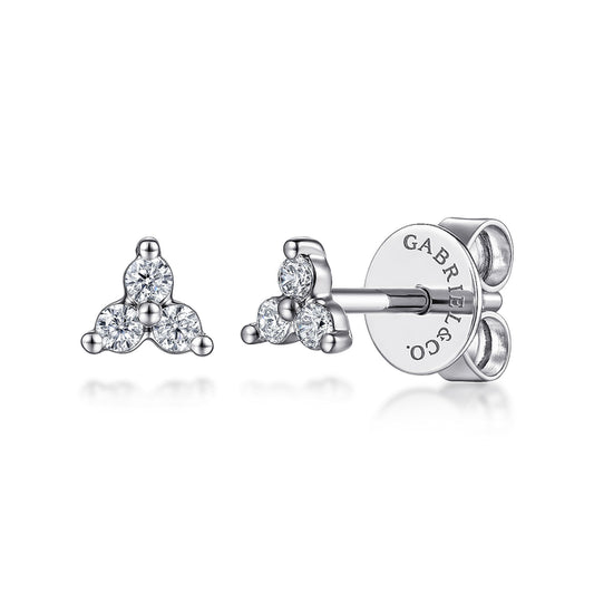 14K White Gold Three Diamond Cluster Stud Earrings
