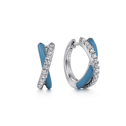 925 Sterling Silver White Sapphire Criss Cross Huggies with Dusk Blue Enamel