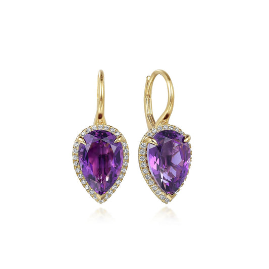 14K Yellow Gold Diamond and Flat Pear Shape Amethyst Earrings With Flower Pattern J-Back