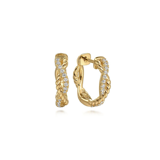 14K Yellow Gold Twisted Diamond And Rope 15mm Huggie Earrings