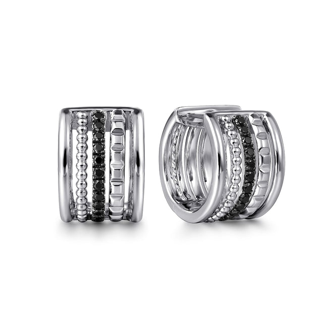 925 Sterling Silver Bujukan Black Spinel and Pyramid Multi Row Huggie Earrings