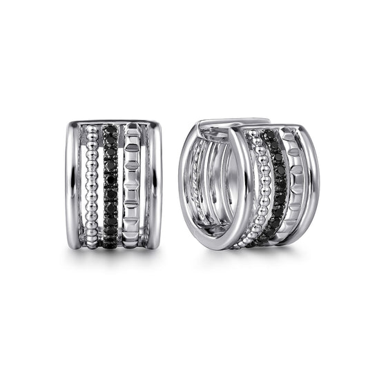 925 Sterling Silver Bujukan Black Spinel and Pyramid Multi Row Huggie Earrings