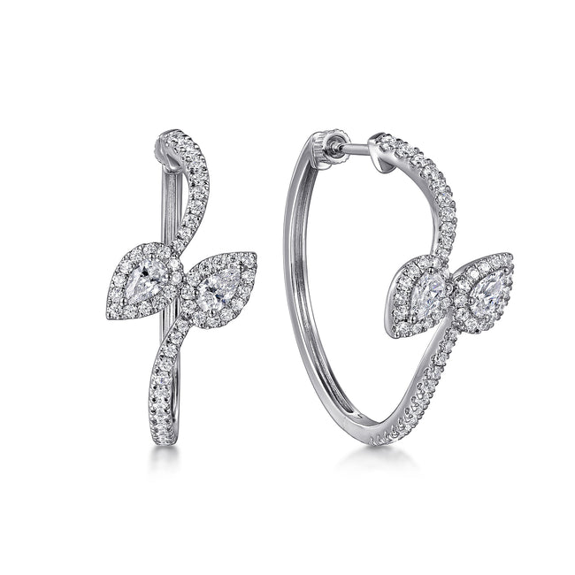 18K White Gold Diamond Bypass Hoop Earrings in Size 30mm