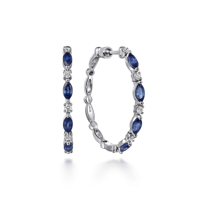 14K White Gold Diamonds and Marquise Blue Sapphire Classic Hoop Earrings