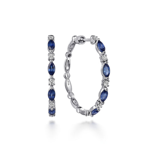 14K White Gold Diamonds and Marquise Blue Sapphire Classic Hoop Earrings