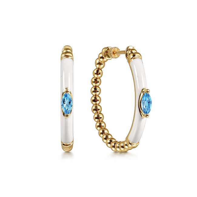 14K Yellow Gold Bujukan Beads and Blue Topaz Classic Hoop Earrings with White Enamel