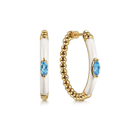 14K Yellow Gold Bujukan Beads and Blue Topaz Classic Hoop Earrings with White Enamel