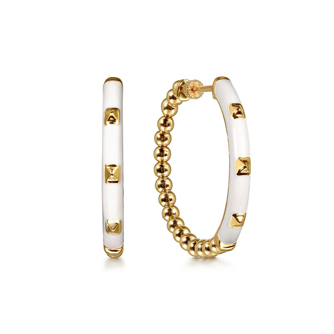 14K Yellow Gold Bujukan Beads Classic Hoop Pyramid Earrings with White Enamel