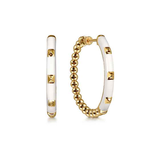 14K Yellow Gold Bujukan Beads Classic Hoop Pyramid Earrings with White Enamel