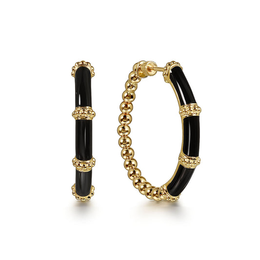 14K Yellow Gold Bujukan Beads and Bar Split Classic Hoop with Black Enamel