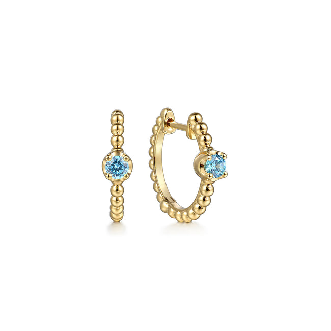 14K Yellow Gold Bujukan Blue Topaz 15mm Huggie Earrings