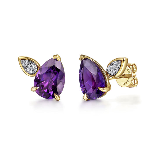 14K White & Yellow Gold Diamond and Amethyst Stud Earrings