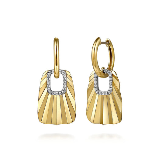 14K White & Yellow Gold Diamond and Diamond Cut Huggie Drop Earrings