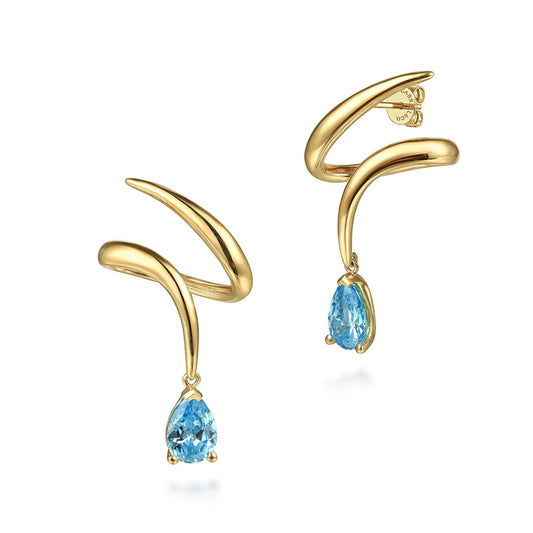 14K Yellow Gold Blue Topaz Stud Drop Earrings