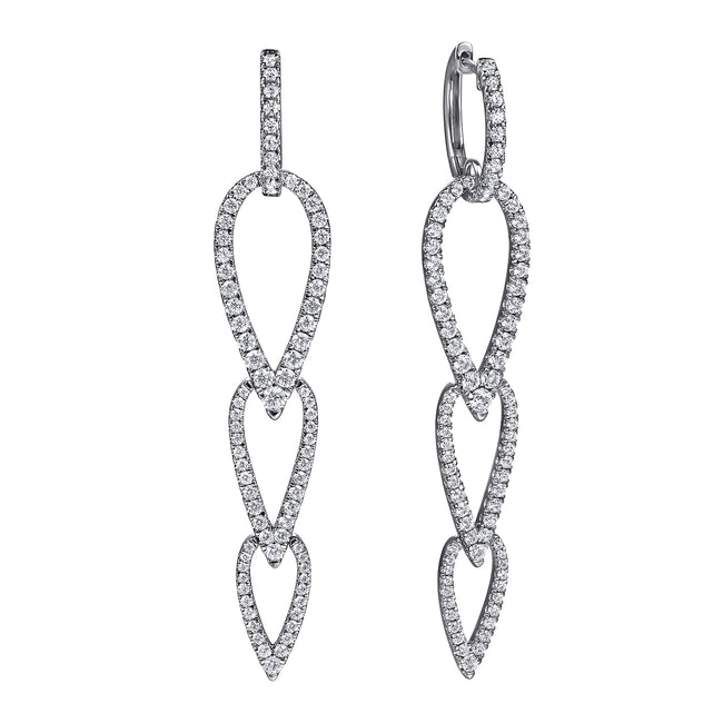 14K White Gold Diamond Pear Shape Huggie Drop Earrings