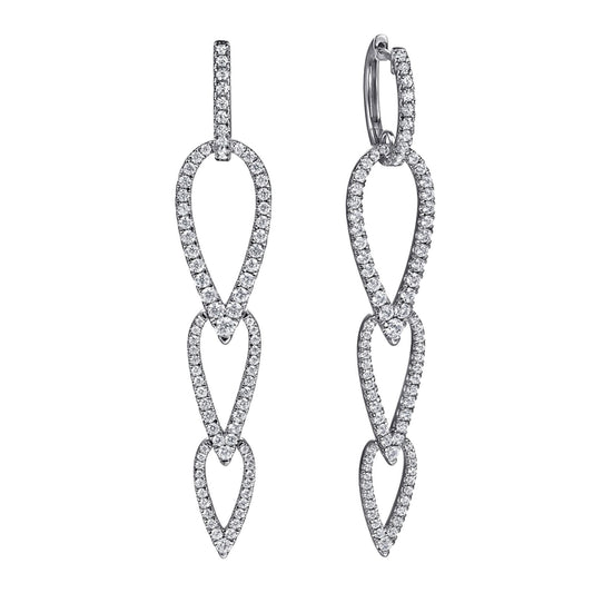 14K White Gold Diamond Pear Shape Huggie Drop Earrings