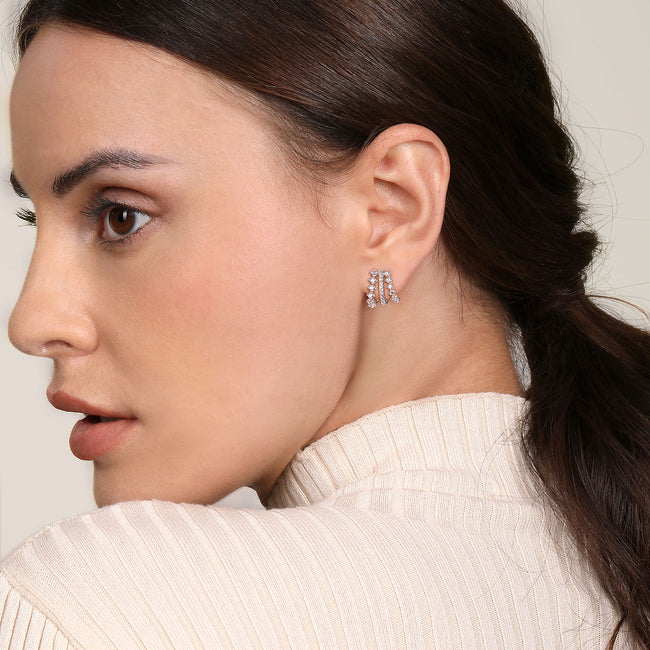 14K White Gold Diamond J Hoop Stud Earrings