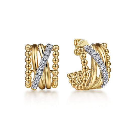 14K Yellow Gold Bujukan Diamond Criss Cross J Hoop Earrings